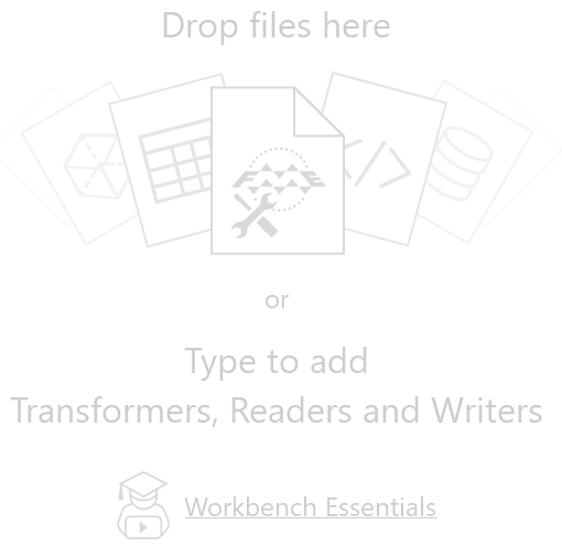 Blank canvas help image - type to add transformers, readers, and writers